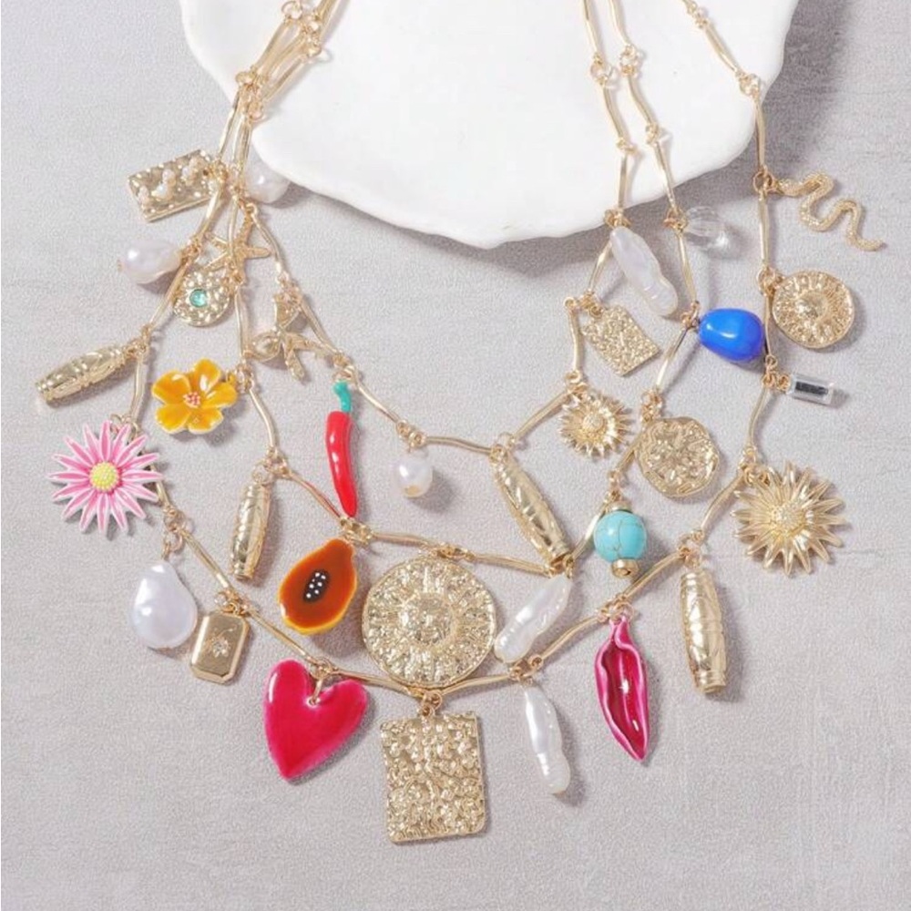 Gold and Red Eclectic Charm Necklace